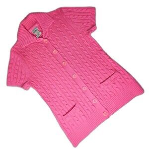 L.L. Bean Vintage Bold Pink Cable Knit Button Front Short Sleeve Cotton Sweater